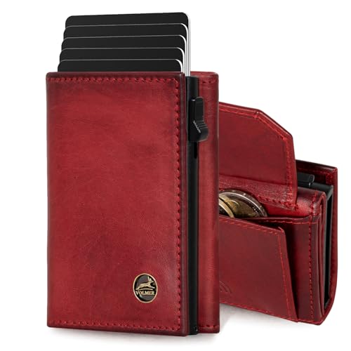 Fa.Volmer POP-UP Kartenetui mit Münzfach aus Echtleder für Herren & Damen | 11 Karten | RFID Schutz | Geldbörse (Bordeaux Red Großes Münzfach)