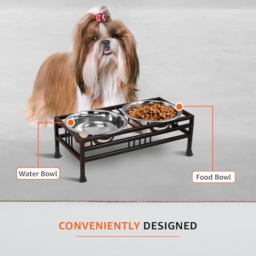 Image of amazon basics, Pet Feeder | Stainless Steel Food & Water Bowls with Stand | Dog Bowls | Elevated Double Diner with Stand | Large Size (1600 ml x 2 Bowl) (Black)