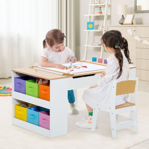 Image of GLACER Kids Table and Chair Set, 3 in 1 Wood Arts and Crafts Activity Table w /Paper Roller, Paint Cups & 6 Storage Bins, Children's Playroom Classroom Furniture, Toddler Table and Chair Set