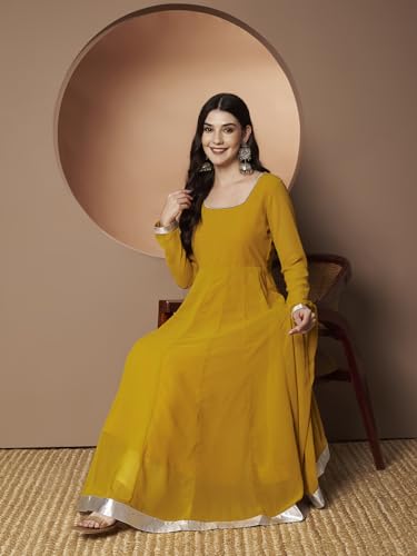 Image of KZA Women's Georgette Hand Embroidered Flared Anarkali Suit for Women | Full Sleeves Flare Anarkali Dress for Woman | Ethnic Flared Anarkali Kurta for Women