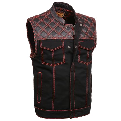 Milwaukee Leather Men's Black Denim and Leather Club Style Vest w/Diamond Quilt Design Red, White & Orange Variations (US, Alpha, Large, Regular, Regular, Black-Red)