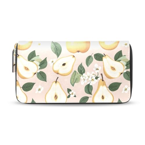 Long Wallets Leather Bifold Wallet for Women Pear Blossom with Zipper Credit Card Holder Large Capacity