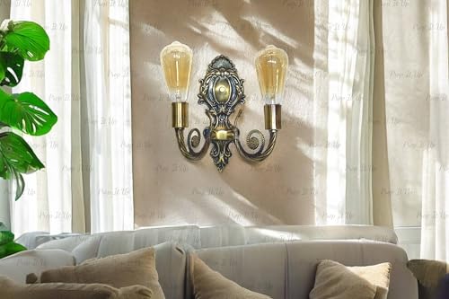 Image of Prop It Up Vintage Double Wall Sconce, Antique Brass Finish, Ornate Victorian Style Without Edison Bulbs