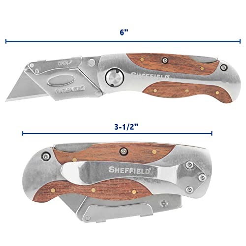 Sheffield 12525 Premium Lock Back Utility Knife 2 Pack, Box Cutter Knife, Carpet Knife, Drywall Cutter, Quick Change Blade, Aluminum And Wood Handle, Wood, Silver #TOP1