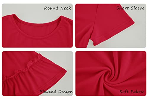 Haloumoning Girls Cute Short Sleeve Tunic Tops Casual Loose Ruffle T Shirts Kids Summer Soft Blouses Size 4-15 Years B-Red #TOP4