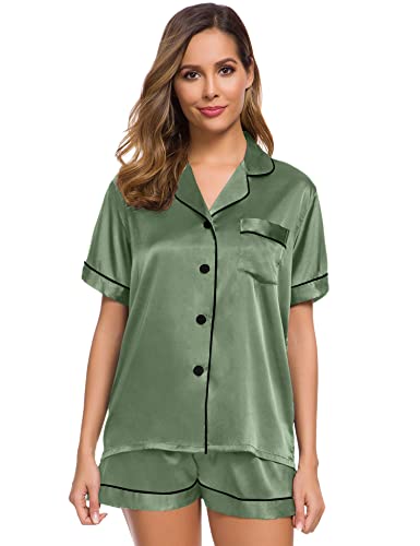 Image of SWOMOG Womens Silk Satin Pajamas Set Short Sleeve Sleepwear Button Down Top and Shorts Loungewear 2 Piece Pjs Set XS-3XL Matcha XXX-Large