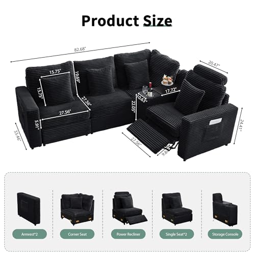 Image of RARZOE Modular Sectional Sofa with Power Recliner, 4-Seater L-Shaped Corduroy Reclining Couch with Storage Console Charging Cup Holders, Fluffy Recliner Sectional Couches for Living Room,Black