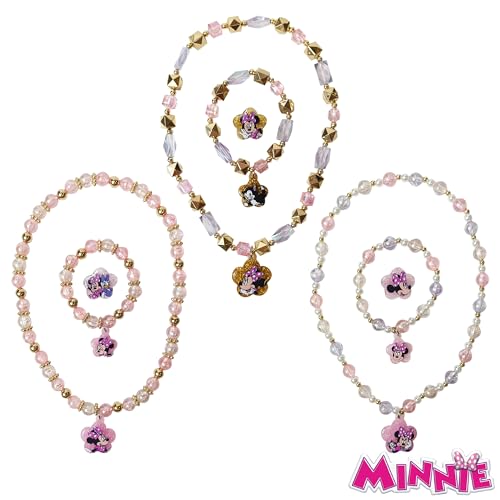 LUV HER Disney Minnie Girls Jewelry Set - Dress up Toy Jewelry Box Sets with Bead Necklace, Bead Bracelet and Ring - Play Accessories - Ages 3+3
