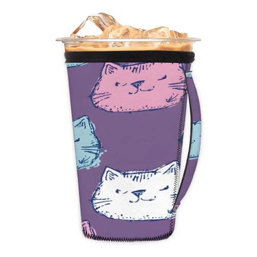 Hand Painted Cat Head Reusable Neoprene Coffee Sleeve with Handle Insulated Iced Coffee Cup Holder Reduces Condensation Fits 24-28 oz Cups M