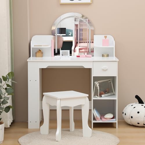 Garvee Kids Vanity with Lighted Mirror & Stool, Little Girls Vanity with Adjustable LED Light, Bookshelf, Storage Drawer & Shelves for Girls 3-9, White