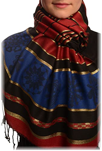 Écharpe pashmina bordeaux femme avec franges et rayures en lurex doré 70x180 cm