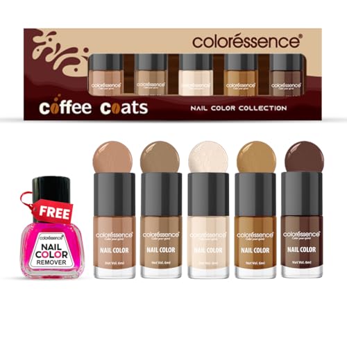 Image of Coloressence Coffee Coats Nude Nail Paint Kit, Set of 5 with FREE Nail Polish Remover | Glossy Finish | Quick Dry | Chip Resistant