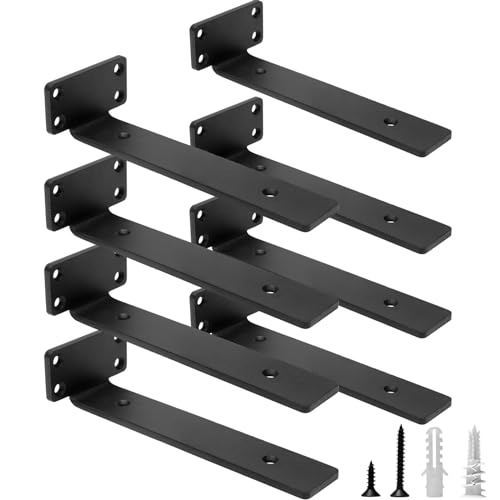 HITOMEN Heavy Duty Floating Shelf Brackets, 8-Inch (1/5'' Thick) Hidden Shelves Hardware, Iron L Brackets, Rustic Industrial Black Metal Wall Shelving Supports, 8 Pack