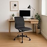 2xhome Modern Office Chairs | Upholstered PU Leather Ribbed Mid Back with Metal Frame | Adjustable Height, Tilt Lock | Computer Desk Chair, Meetings Parent (1, All Black, Armless)
