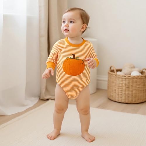 Newborn Baby Boy Halloween Outfit Fall Clothes Long Sleeve Striped Waffle Pumpkin Sweatshirt Bubble Romper3