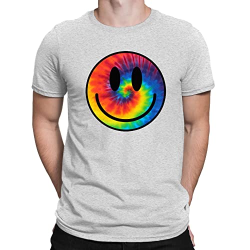 Image of Mens Tie Dye Happy Smile Face Acid Rave T-Shirt Heather Grey (M)