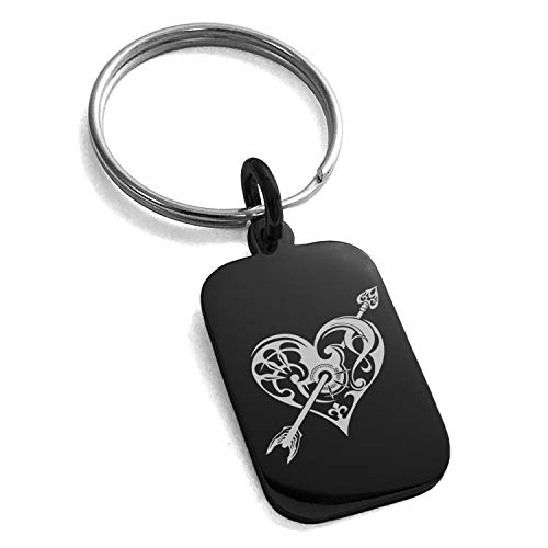 Stainless Steel Tribal Heart and Arrow Small Rectangle Dog Tag Charm Keychain Keyring