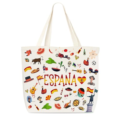 Dr.Baner Sacola de lona Espana, bolsa de compras de ombro reutilizável com ícones espanhóis, sacola vintage da cidade, lembranças de Espana, presentes para mulheres, amigas e familiares (07)
