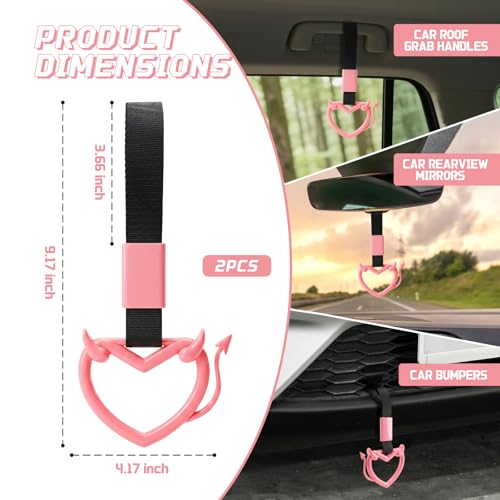 Image of 2 Pcs Devil Heart Shaped Car Handle Strap - JD M Drift Charm Rear Bumper Warning Ring Decor for Car Interior Exterior, Subway Bus Handle Accessory, Cute Heart Car Decor Gift (Pink-Tail)