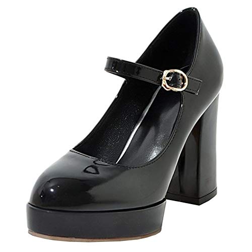 Agodor Women's Goth Mary Jane Lolita Platform Shoes Chunky High Heel Round Toe Patent Leather Pumps (US 8.5, Black)