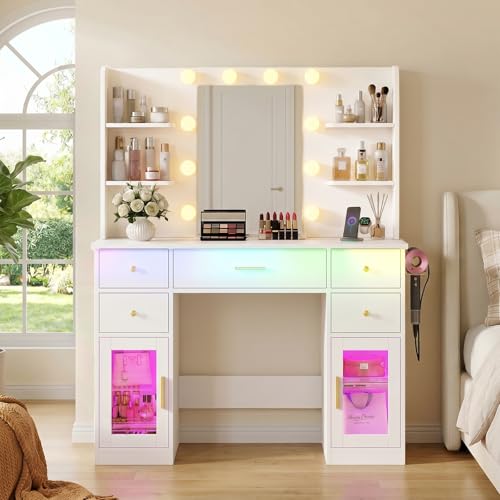 Image of Vanity Desk with Mirror and Lights, Charging Station, Makeup Vanity with 5 Drawers & 4 Open Storage Shelves, White Vanity Table with RGB Cabinets & Hairdryer Holder, Large Dressing Table for Women