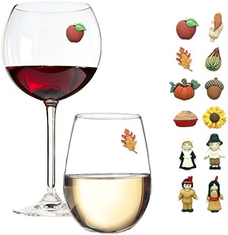 Thanksgiving Magnetic Wine Glass Charms Set of 12 Perfect Drink Markers for Stemless Glasses, Champagne Flutes & More - Great Hostess Gift