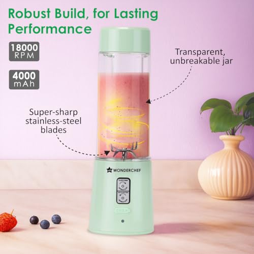 Image of Wonderchef Twister Portable Blender, 500ml, Dual-rotation Stainless-steel Blades, For Crushing Ice, Smoothies, Shakes, For Backpacks /Office Bags, Type-c Charge, 1-Yr Warranty, Mint Green