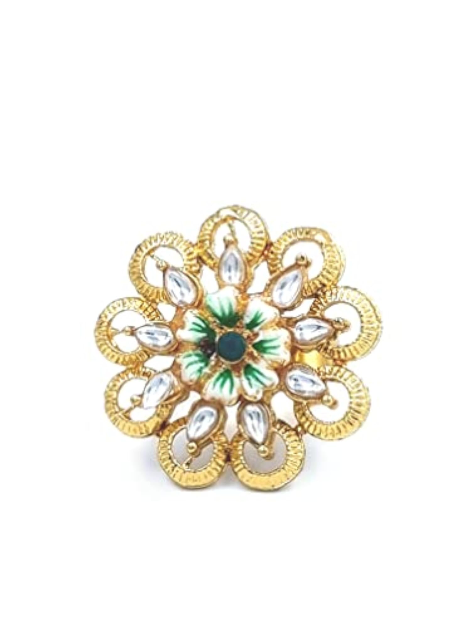 Women's Green Color Gold Tone Traditional Kundan Finger Rings
