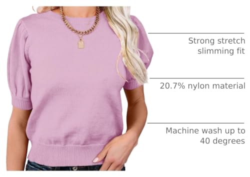 Image of Womens Puff Short Sleeve Sweater Tops Crewneck Basic Knit Pullover Lightweight Casual Sweaters Violet