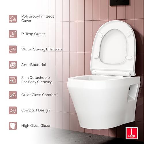 Image of LAPO P Trap Wall Hung Toilete, Ceramic Rimless Commode Toilet, Wall Hung Western Toilet With Soft Closing Toilete Seat (White, 20X15X14 Inch)-SPL
