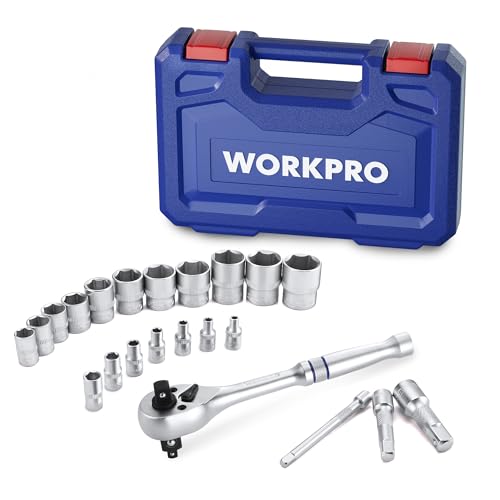 WORKPRO 22-Piece Socket Set with 3-in-1 Ratchet Handle, 1/4, 3/8, 1/2 Inch Drive Socket Wrench, CR-V Metric Socket Set, Extension Bars, Storage Box Included, Mechanics Tool Sets for Auto Repairing by WORKPRO - Used condition - US$25.65