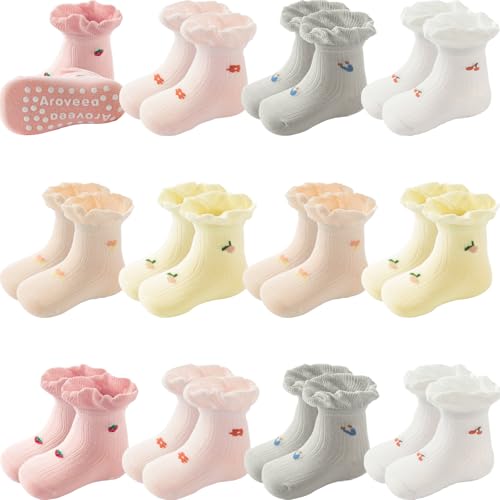 Image of Aroveea Non Slip Grip Ankle Baby Socks 12 Pack for Toddler Boys and Girls Kids,Infant Cute Cotton Baby Socks