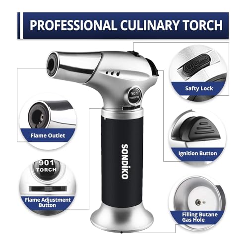 Foto von Sondiko Küchenbrenner S901, Flambierbrenner, Nachfüllbarer Feuerzeuge, Lötbrenner mit Sicherheitsschloss für die Küche, Crème Brulée(Butan nicht inbegriffen)