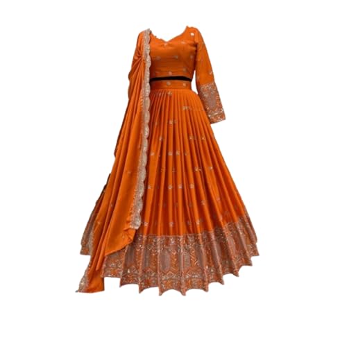 Image of Women's Satin Blend SF108549 Diwali Outfit Bridal Orange Indian Casual Wear Semi-stiched Lehngacholi