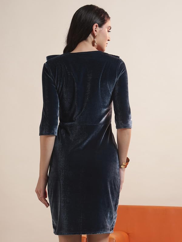 Image of Vaararo V-Neck Party Dress for Women Bodycon | Shiny Velvet Half Sleeves Above Knee Length Outfit