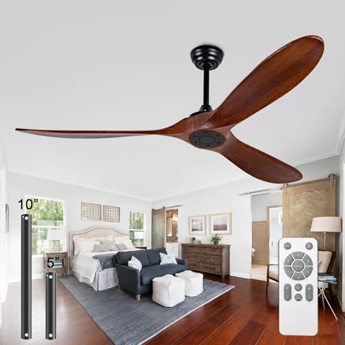 Image of 60 inch Ceiling Fan [No Light with Remote Control], Indoor Outdoor Ceiling Fan [with 3 Wooden Blades] for Patio, Living Room, Bedroom, Office, Farmhouse. Black + Walnut Color.