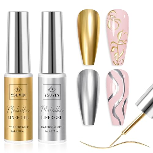 Yueshop Metallic Gel Nail Polish, 2PCS Silver Bronze Gold Gel Liner Nail Art Mirror Chrome 3D Effect Gel Polish Soak Off UV/LED, Gel Liner Smooth for Drawing Pattern DIY Nail Salon at Home, 8ml