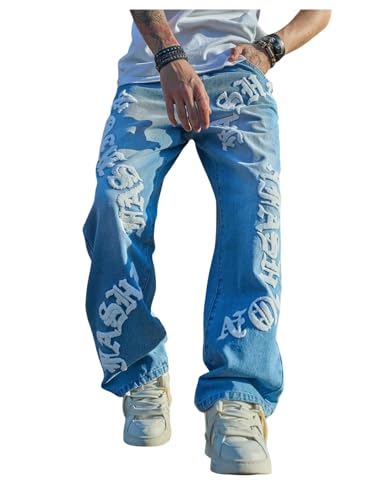 Men's Letter Patch Jeans High Waisted Wide Leg Denim Pants Goth Jeans with Pockets Streetwear