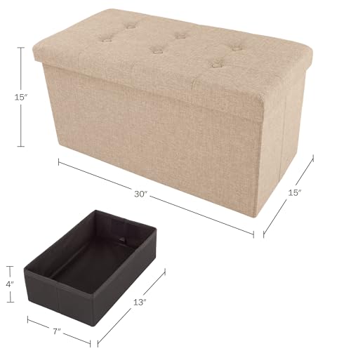 Image of Lavish Home Folding Storage Ottoman - Set of 2 30-Inch Tufted Footrest, Linen Chest, or Bench with Removable Bin for Living Room, Bedroom, or Dorm (Beige)
