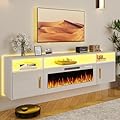 TAVATA 70" Floating TV Stand with 36" Electric Fireplace, High Gloss Finish Wall Mounted Electric Fireplace TV Stand with Storage and 16 Colors LED Lights for TVs Up to 80" (White)