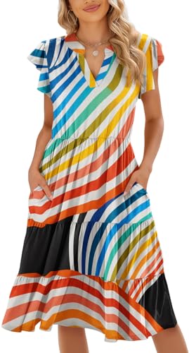 Image of Womens Summer Dress Ruffle Sleeve V Neck Midi Dresses Casual Fit Flowy Tiered Boho Beach Vacation Sundress