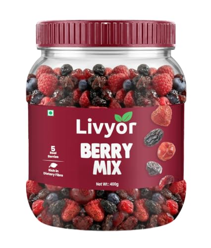 Image of Livyor 5 in 1 Berry Mix for eating - 400 gm | Good Source of Fibre | Dried Cranberries | Black Raisins | Cherries | Blueberries | Strawberries | Berry Blast | Berries dry fruits | Berries fresh | (Pack of 1)