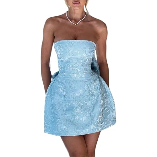 Image of BNGD Women's Solid Color Bustier Backless Bow Dress Sexy Jacquard Strappy Mini Skirt(Blue,Medium)