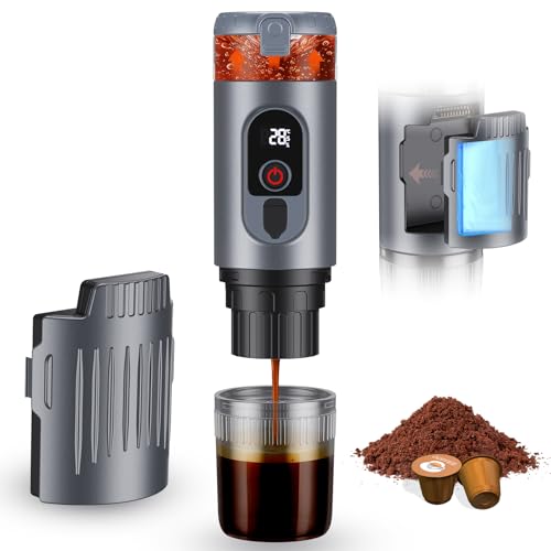 GJCrafts Cafetera portátil 2 en 1 con batería de 7650 mAh, 20 bar de presión, extracción en frío/calor, para cápsulas y café molido, portátil para oficina, viajes y camping (gris)