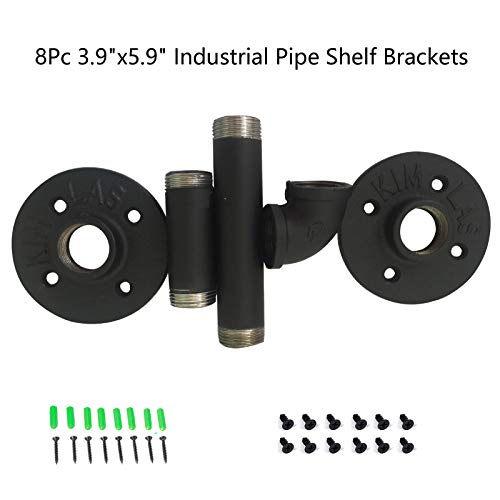 Yuanshikj Industrial Pipe Shelf Brackets Double Flange Bracket Iron Metal Fittings DIY Shelves Vintage Furniture Wall Mounted Heavy Duty Decorative Rustic Shelving Bracket (8Pc 3.9\"x5.9\" Black)