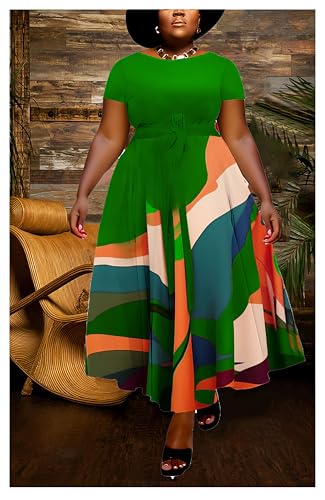 Image of Hostoyo Women Plus Size Formal A Line Maxi Dress Self Tie Waist with Pockets Elegant Round Neck Swing Long Dresses