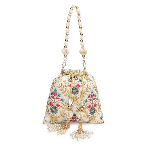 Image of LONGING TO BUY Indian Embroidered Pearl Potli Bag For Women, Sequence Design with Tassel, Wedding Potli Bags