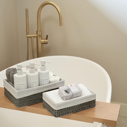 Beautiful Toilet Paper Storage Basket Set of 2 – Decorative Wicker Bathroom Organizer for Toilet Tank Trays - Quality Holder Bin for Shelves Fits Perfectly with Any Bathroom Decor