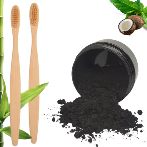 CARBÓN ACTIVADO + 2 Cepillos de Bambú para Blanqueamiento Dental e Higiene Bucal | Previene la Placa Bacteriana y Elimina Manchas y Dientes Amarillos. Polvo Blanqueador para unos Dientes Blancos