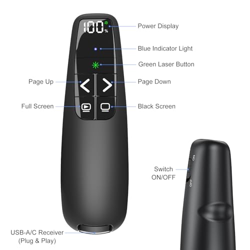 Image of Presentation Clicker & Case, Green Laser Power Display Presenter Remote | 2‑in‑1 USB /Type C Receiver, Rechargeable Red Laser Pointer Wireless Computer PowerPoint PPT Clickers for Mac /Windows